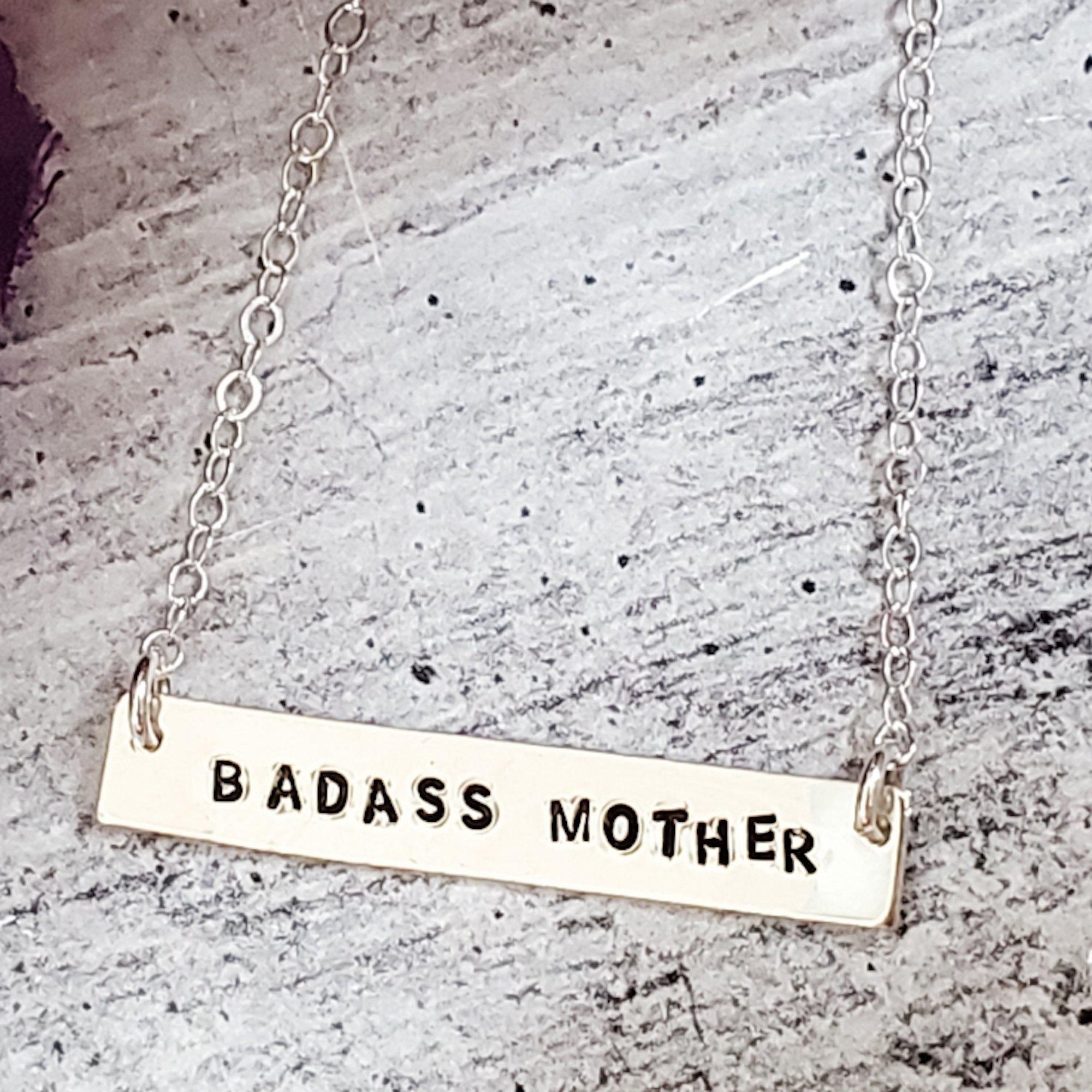 BADASS MOTHER Hand-Stamped Bar Necklace Salt and Sparkle