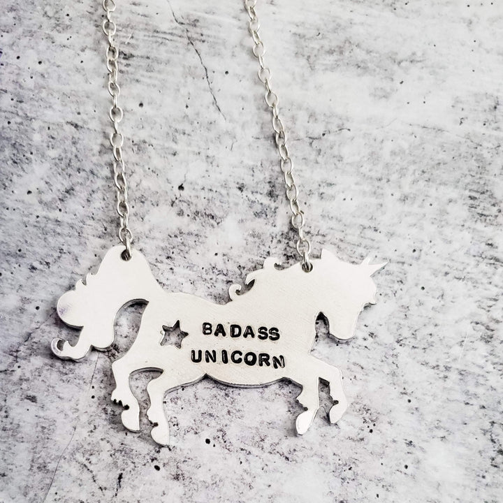 BADASS UNICORN Hand Stamped Silver Necklace Salt and Sparkle