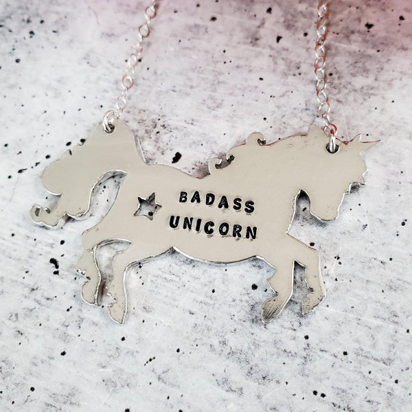 BADASS UNICORN Hand Stamped Silver Necklace Salt and Sparkle