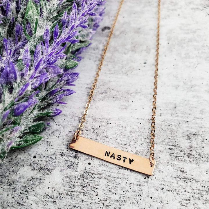 BITCH Hand Stamped Bar Necklace Salt and Sparkle