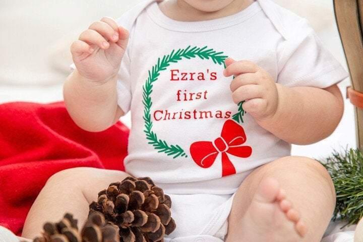 Baby's First Christmas Personalized One Piece Bodysuit Salt and Sparkle