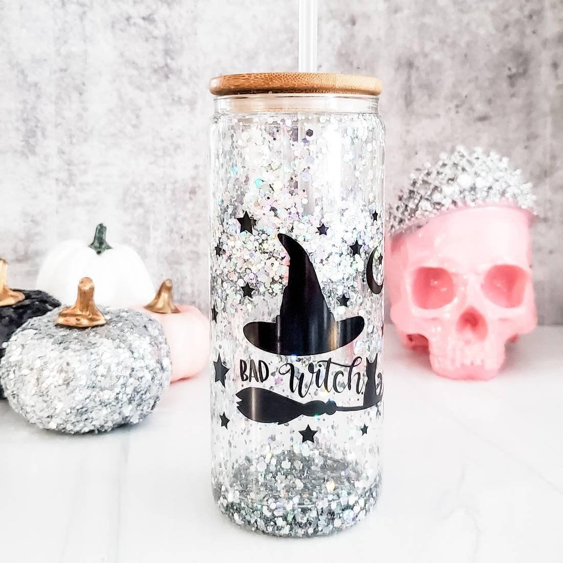 Bad Witch Halloween Snow Globe Glitter Iced Coffee Cup Salt and Sparkle