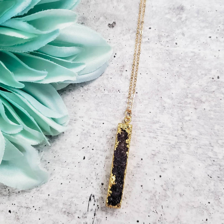 Black Druzy Crystal Long Rectangle Necklace Salt and Sparkle