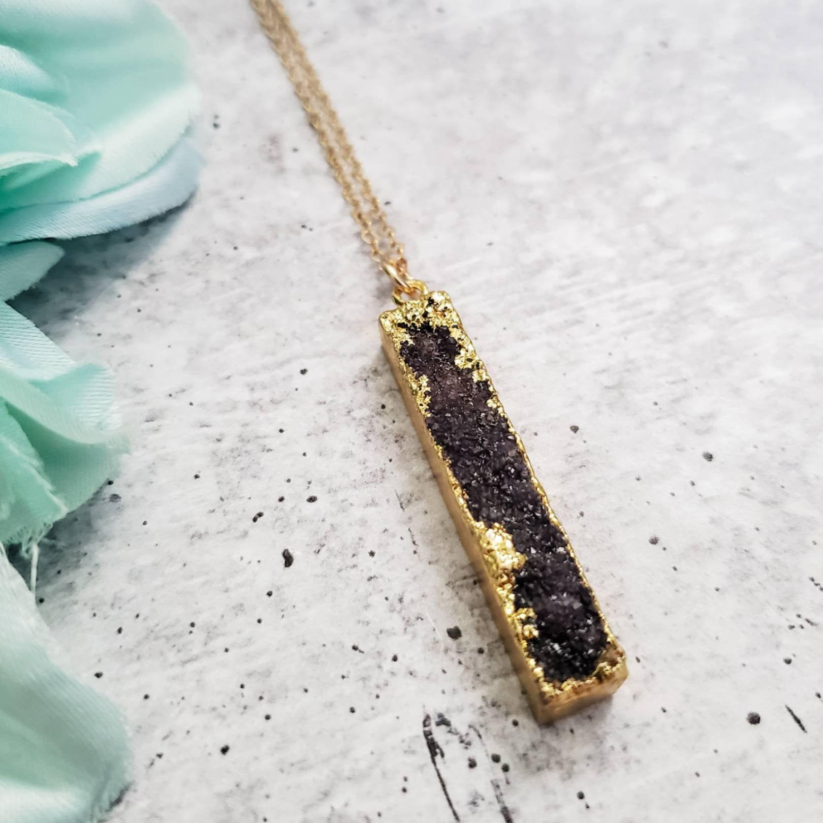 Black Druzy Crystal Long Rectangle Necklace Salt and Sparkle