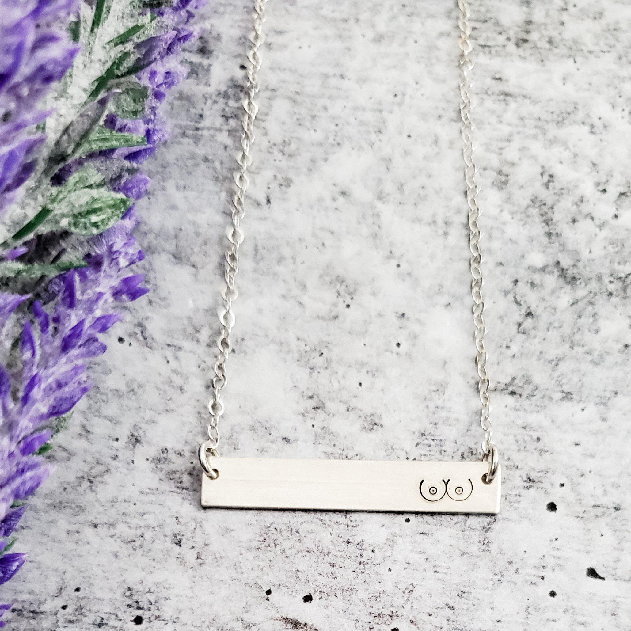 Boobs Hand Stamped Bar Necklace Salt and Sparkle