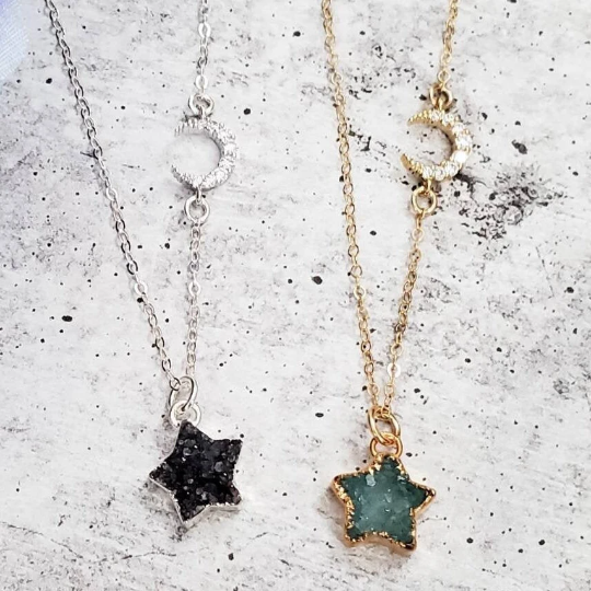 Celestial Moon and Star Druzy Necklace Salt and Sparkle