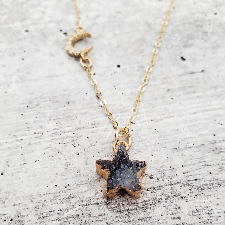 Celestial Moon and Star Druzy Necklace Salt and Sparkle