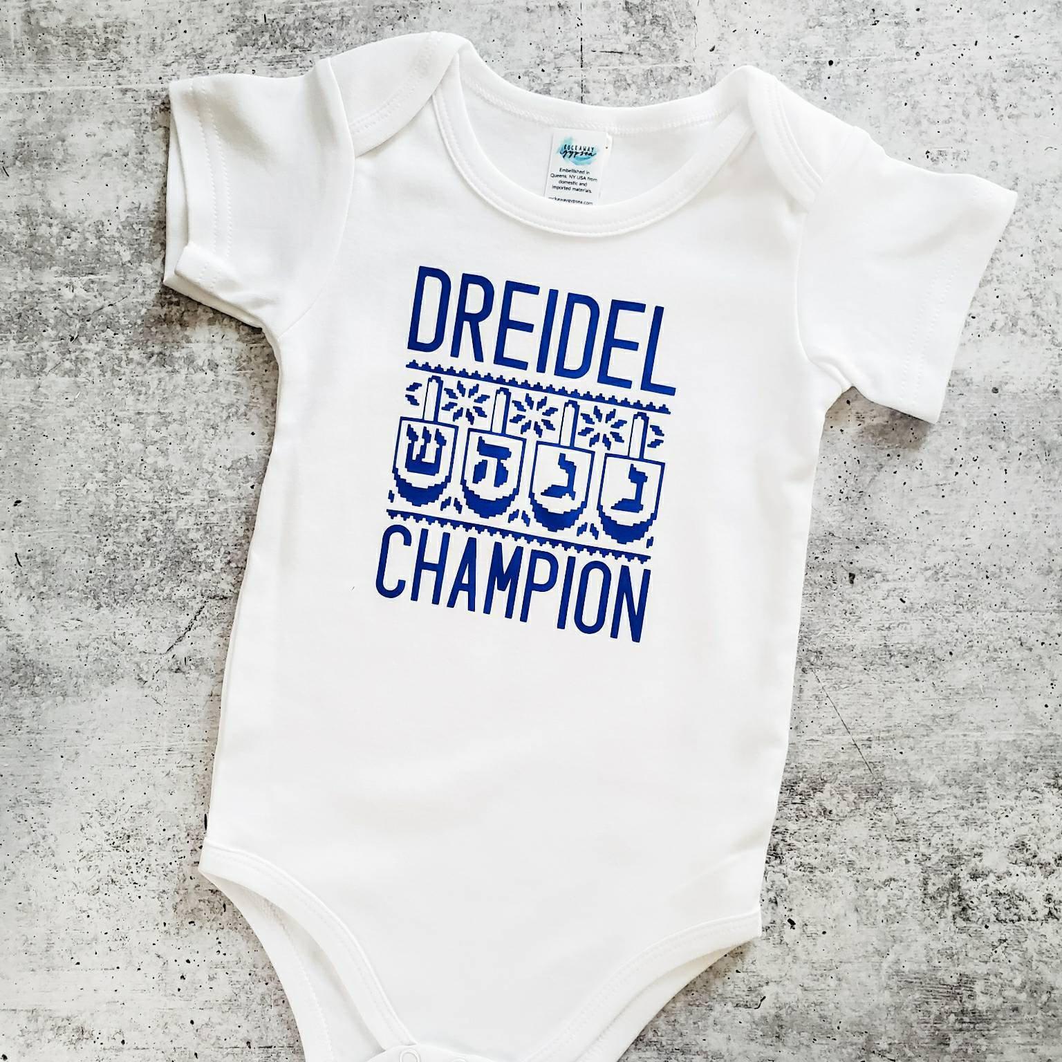 Dreidel Champion Baby's Chanukah Bodysuit OR Toddler Tee Salt and Sparkle