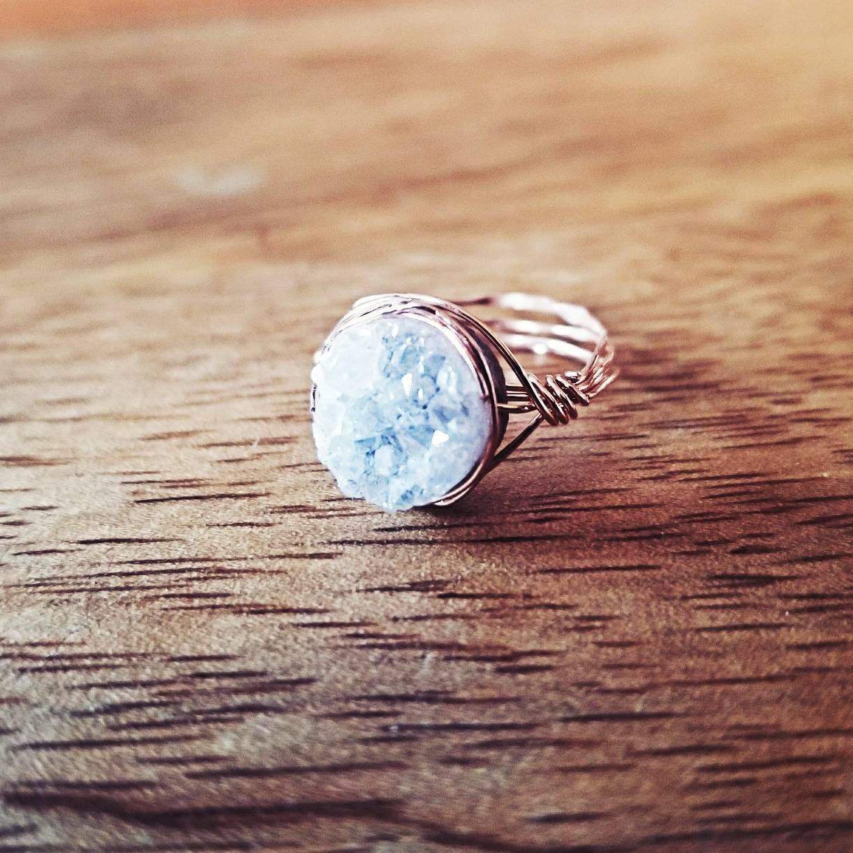 Druzy Crystal Wire Wrapped Stacking Ring Salt and Sparkle