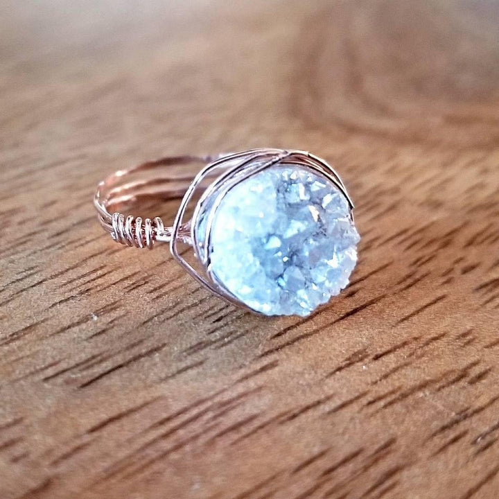 Druzy Crystal Wire Wrapped Stacking Ring Salt and Sparkle