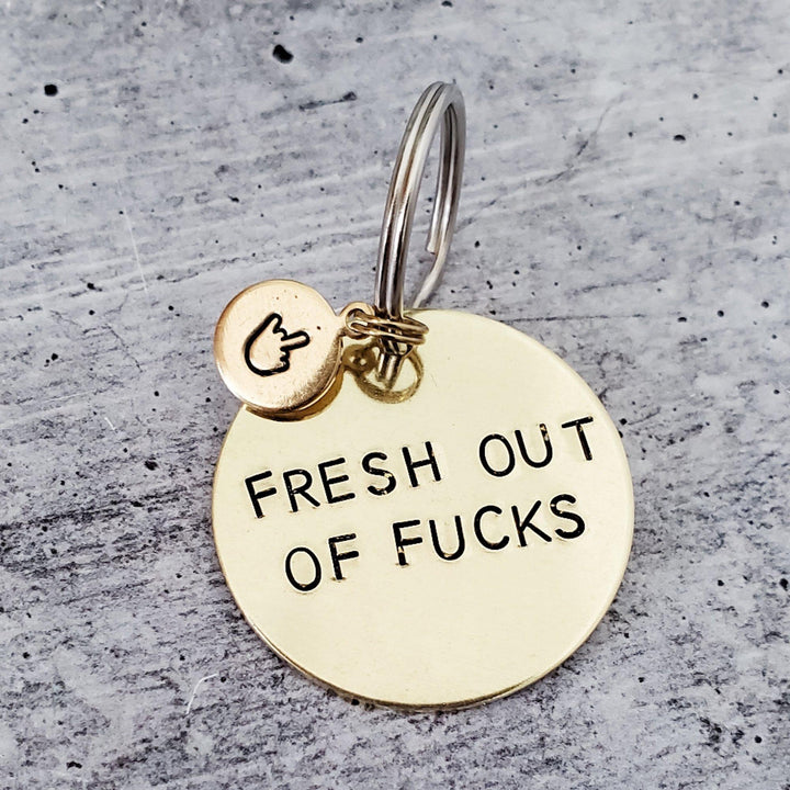 FRESH OUT of FUCKS Brass Keychain with Middle Finger Emoji Salt and Sparkle