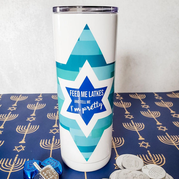 Feed me latkes and tell me I'm pretty Funny Chanukah Wine Tumbler Salt and Sparkle