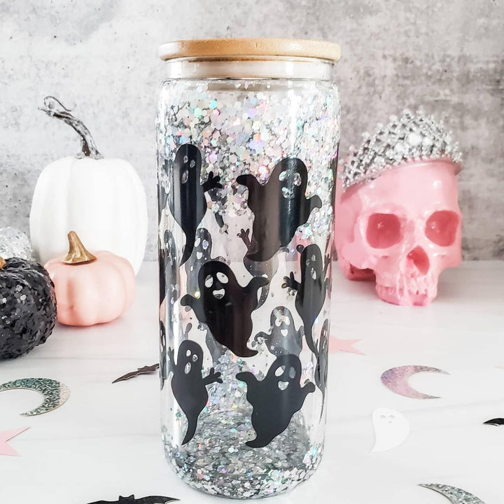 Friendly Ghosts Halloween Snowglobe Glitter Iced Coffee Cup Salt and Sparkle