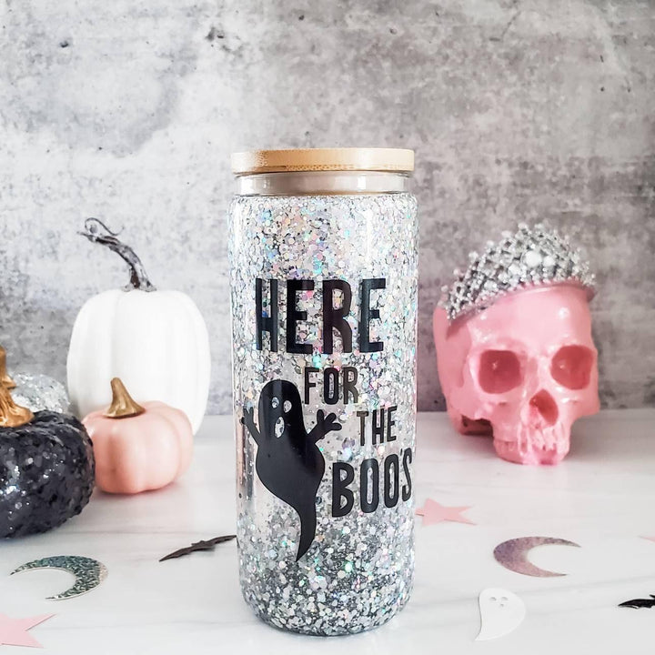 Friendly Ghosts Halloween Snowglobe Glitter Iced Coffee Cup Salt and Sparkle