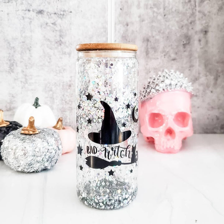 Friendly Ghosts Halloween Snowglobe Glitter Iced Coffee Cup Salt and Sparkle