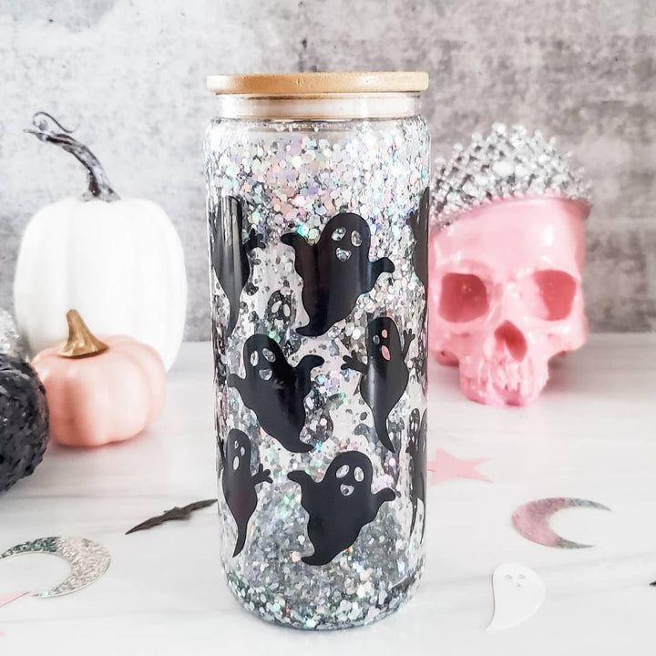 Friendly Ghosts Halloween Snowglobe Glitter Iced Coffee Cup Salt and Sparkle