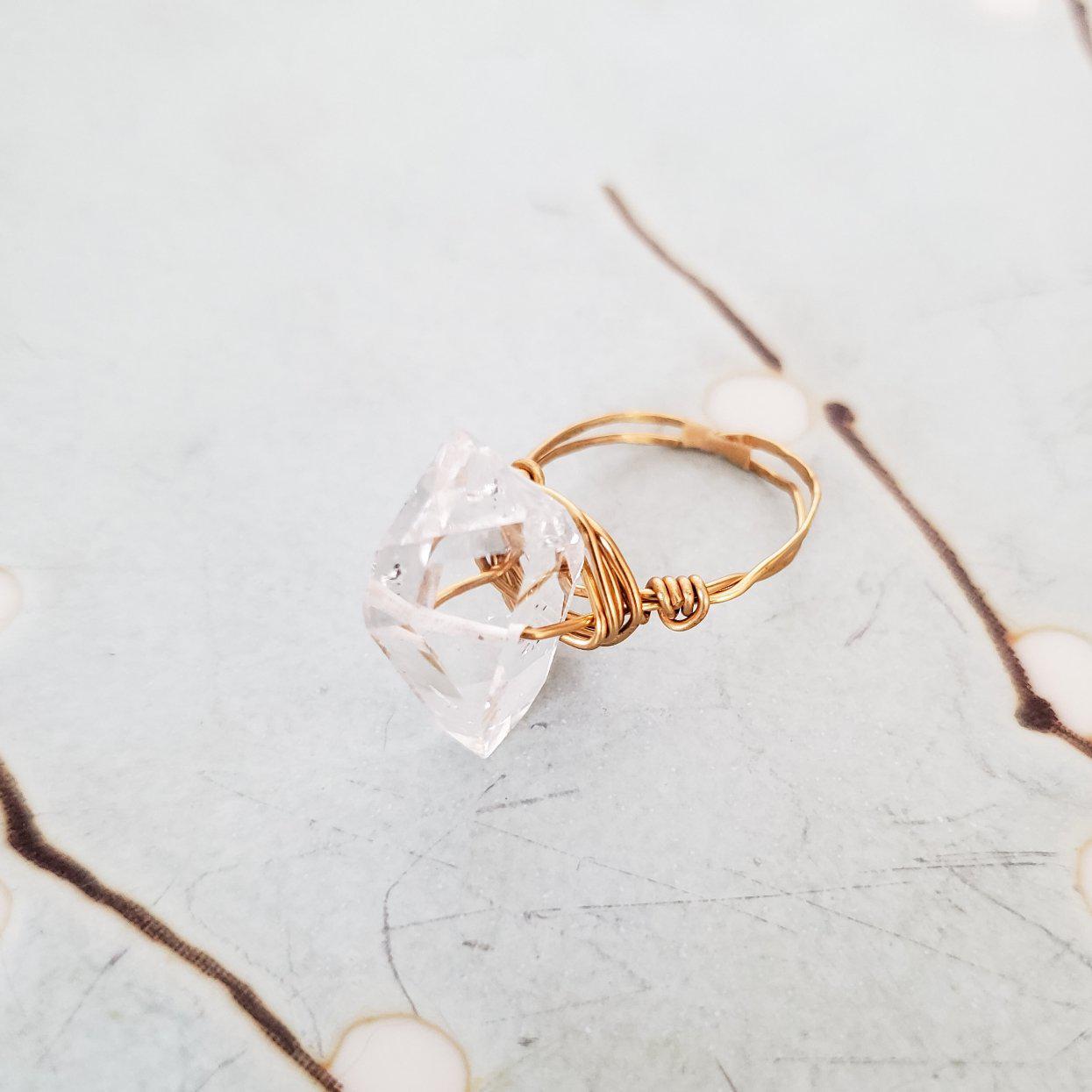Giant Herkimer Diamond Wire Wrapped Ring Salt and Sparkle
