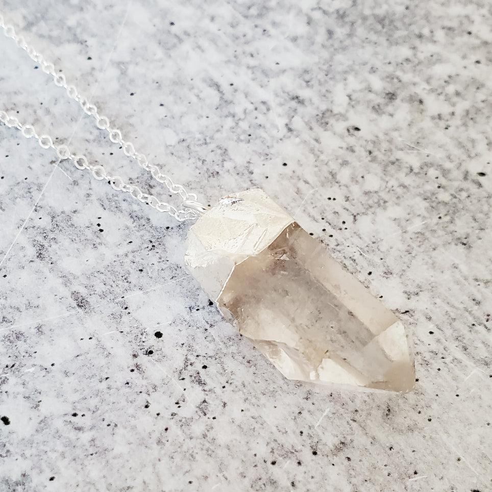 Giant Quartz Crystal Silver Necklace Salt and Sparkle