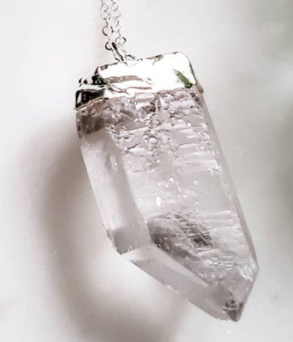 Giant Quartz Crystal Silver Necklace Salt and Sparkle