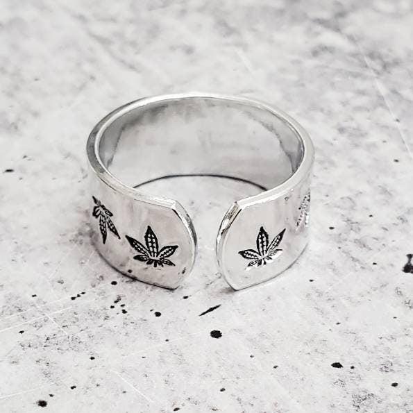 Marijuana Leaf Silver Ring Salt and Sparkle