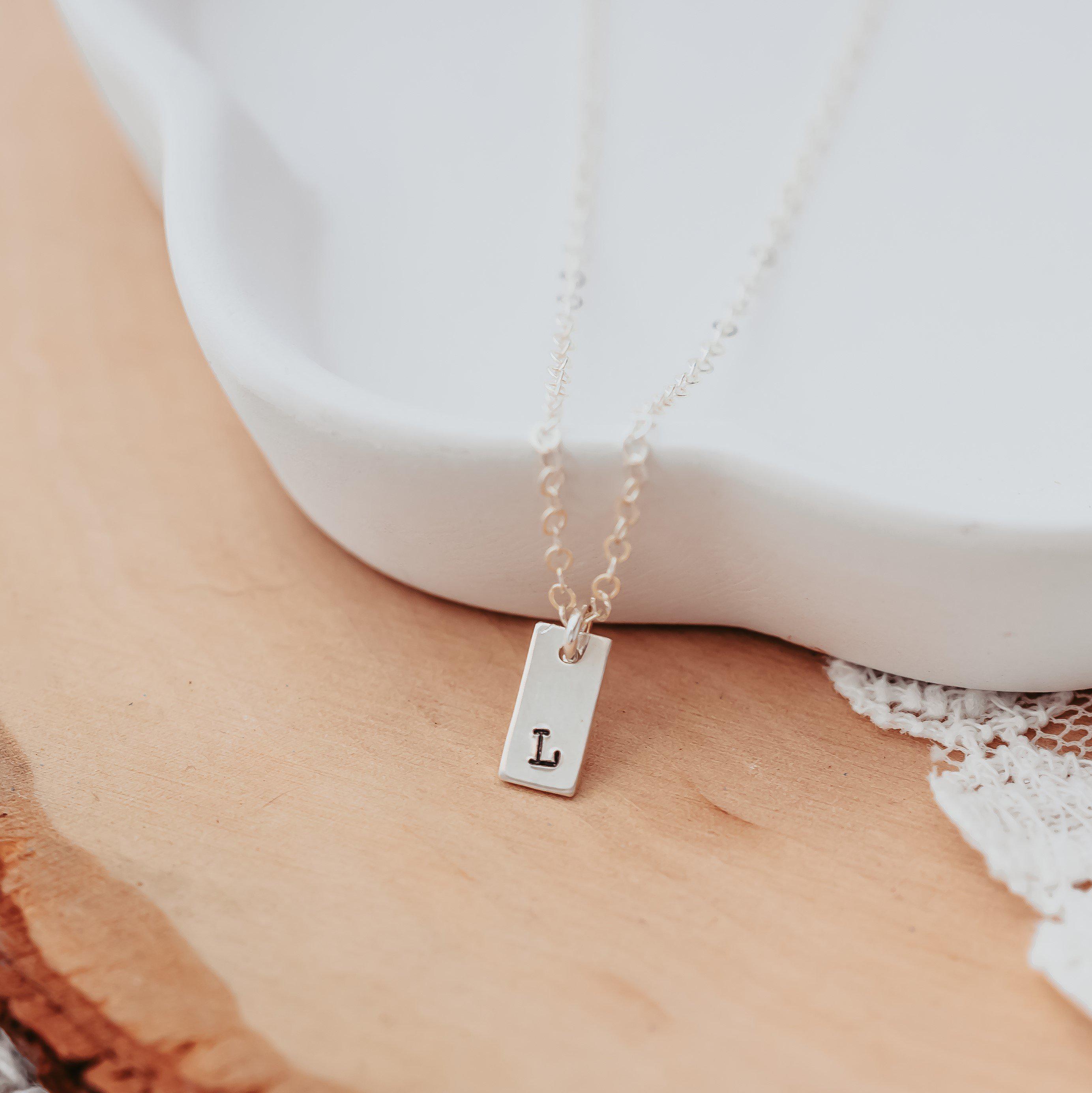 Initial Tiny Rectangle Tag Necklace Salt and Sparkle