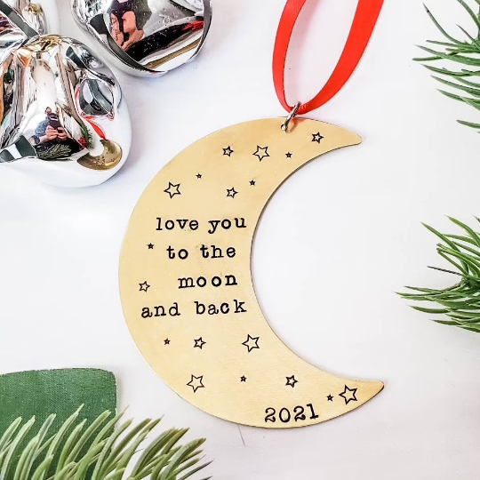 LOVE YOU TO THE MOON AND BACK Brass Moon Ornament Salt and Sparkle
