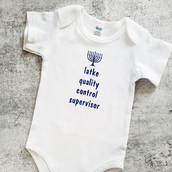 Latke Supervisor Baby's Chanukah One Piece Bodysuit OR Toddler Tee Salt and Sparkle