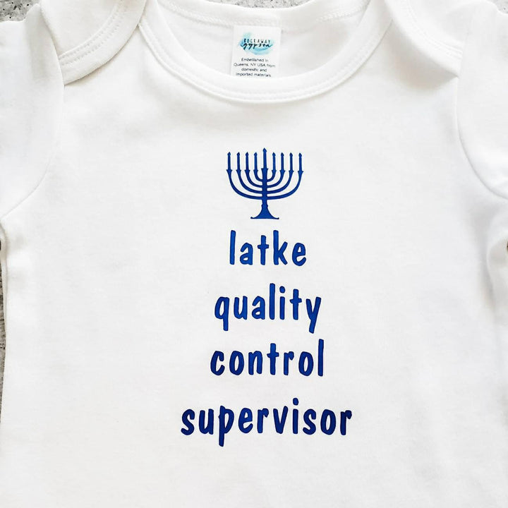 Latke Supervisor Baby's Chanukah One Piece Bodysuit OR Toddler Tee Salt and Sparkle