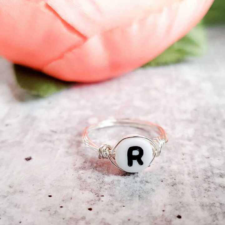 Letter Bead Wire Wrapped Initial Ring Salt and Sparkle