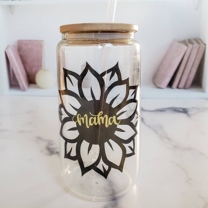 Mama Sunflower Glass Can Cup Salt and Sparkle