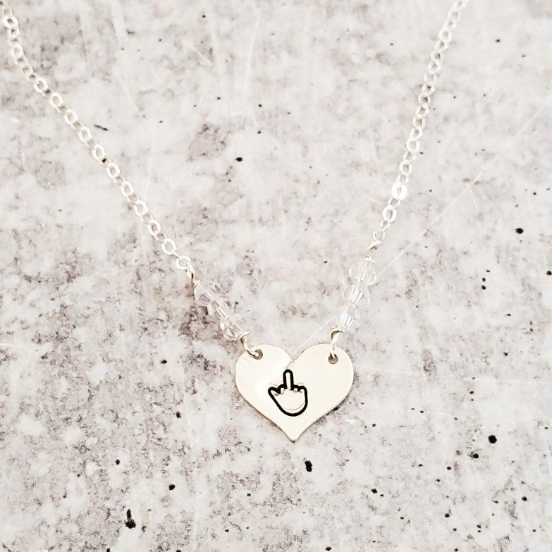 Middle Finger Heart Necklace with Crystal Accents Salt and Sparkle