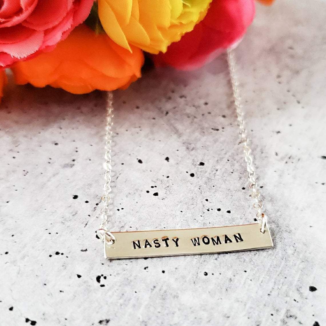 NASTY WOMAN Feminist Bar Necklace Salt and Sparkle