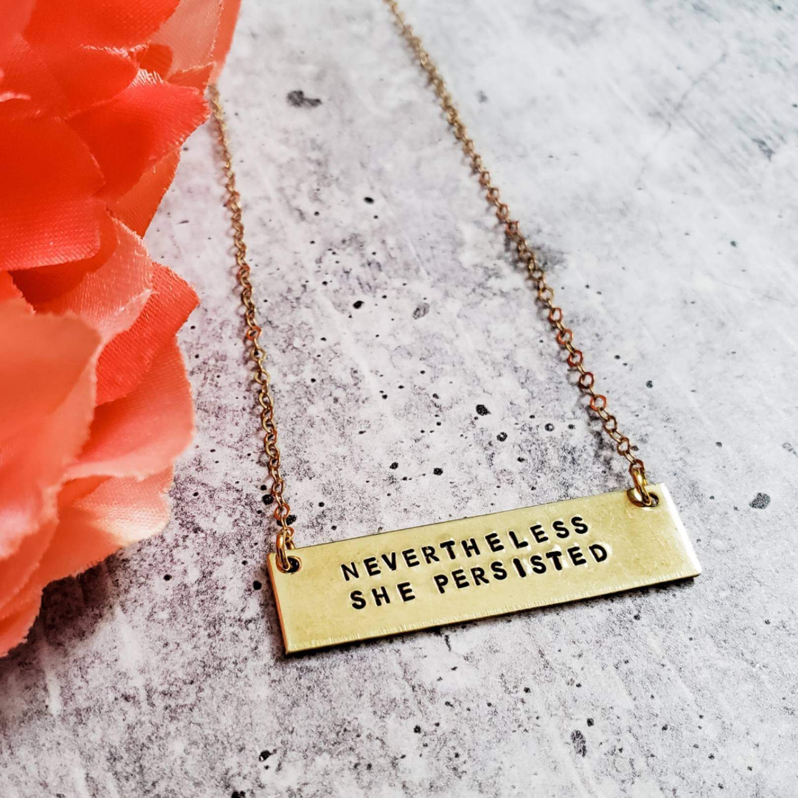 NEVERTHELESS SHE PERSISTED Brass Bar Necklace Salt and Sparkle