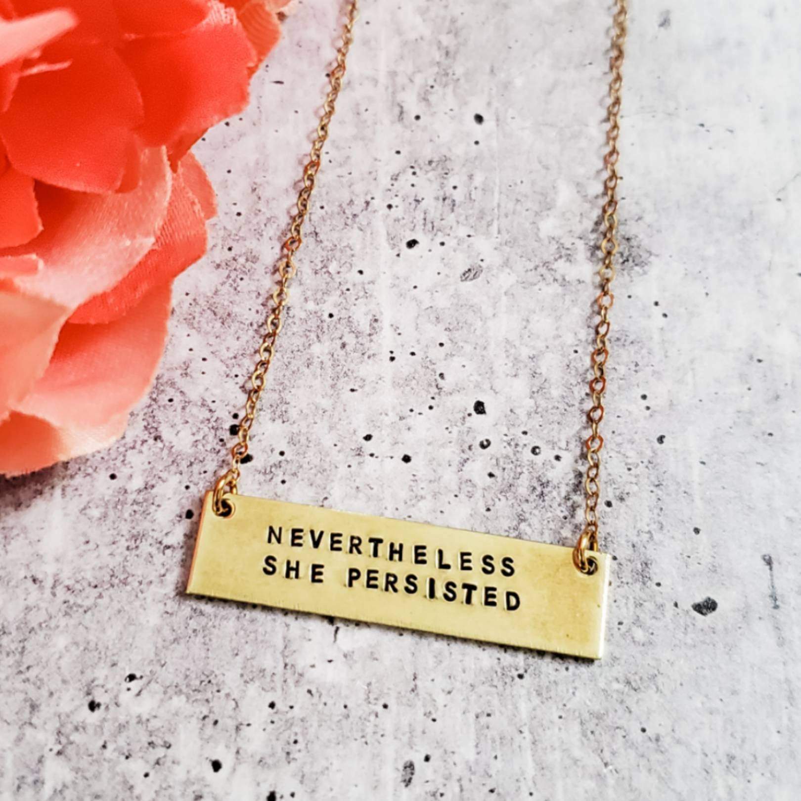 NEVERTHELESS SHE PERSISTED Brass Bar Necklace Salt and Sparkle