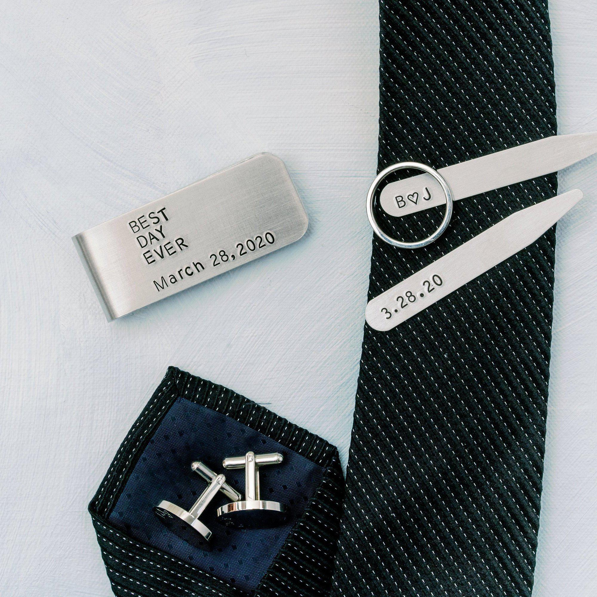 Personalized Collar Stays with Initials and Date for Men Salt and Sparkle