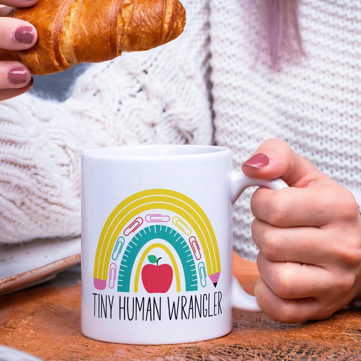 Personalized Tiny Human Wrangler Teacher Mug - Funny Teacher Coffee Cup - Teacher Cup for End of Year Gift -  Preschool Rainbow Teacher Mug