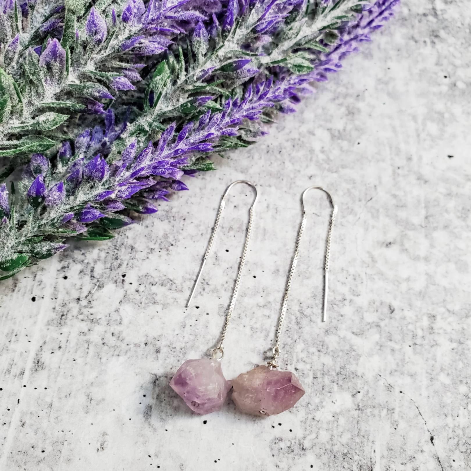 Raw Purple Amethyst Threader Earrings Salt and Sparkle