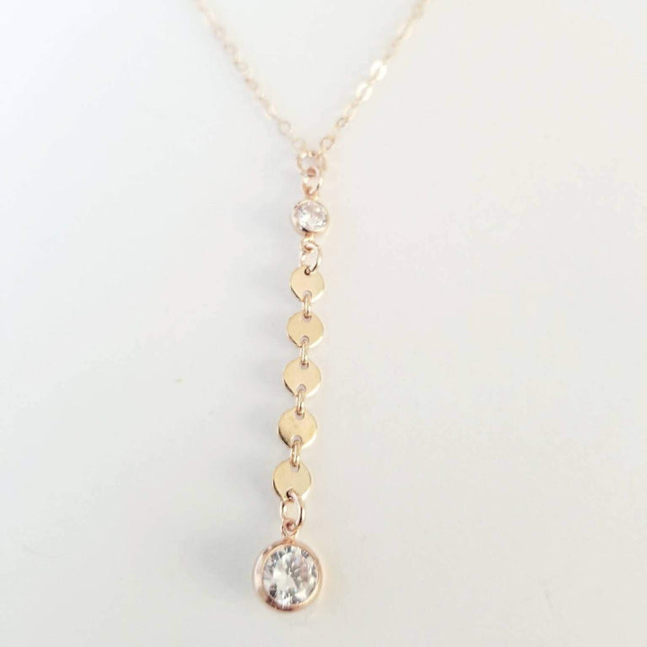 Rose Gold CZ Lariat Y Coin Necklace Salt and Sparkle