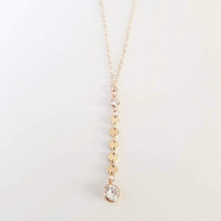 Rose Gold CZ Lariat Y Coin Necklace Salt and Sparkle