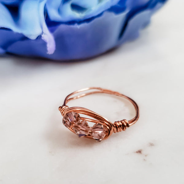 Swarovski Pink Crystal Wire Wrapped Ring Salt and Sparkle