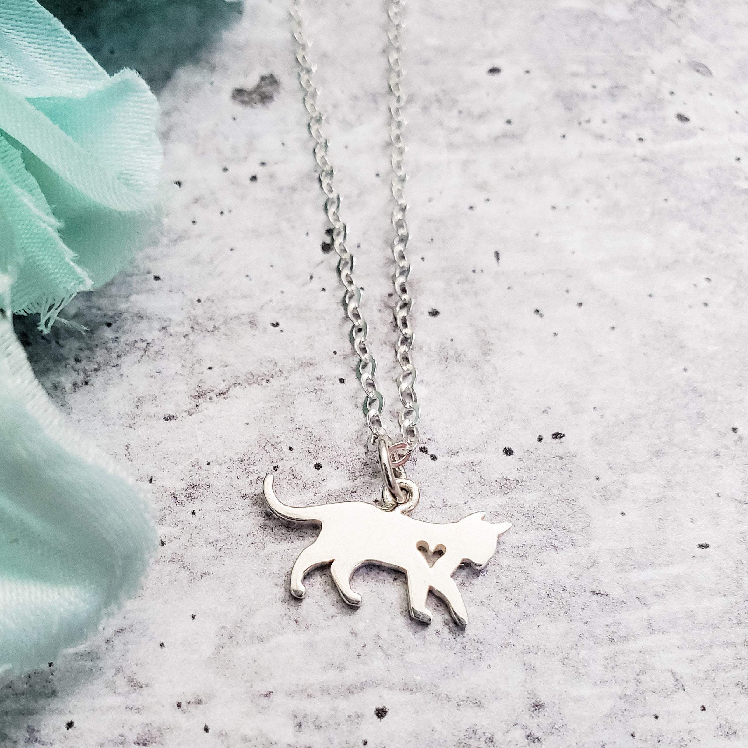 Tiny Cat Initial Pendant Silver Necklace Salt and Sparkle