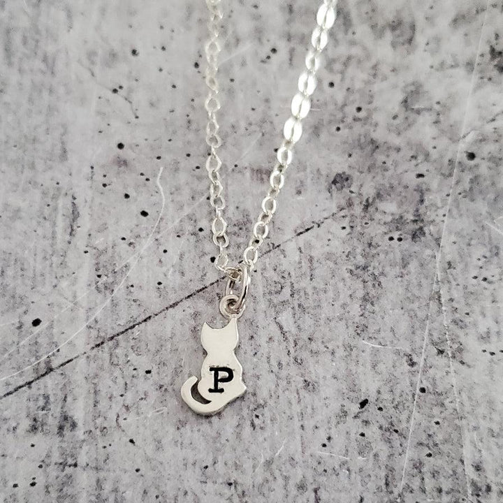 Tiny Cat Silver Initial Necklace Salt and Sparkle