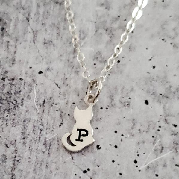 Tiny Cat Silver Initial Necklace Salt and Sparkle