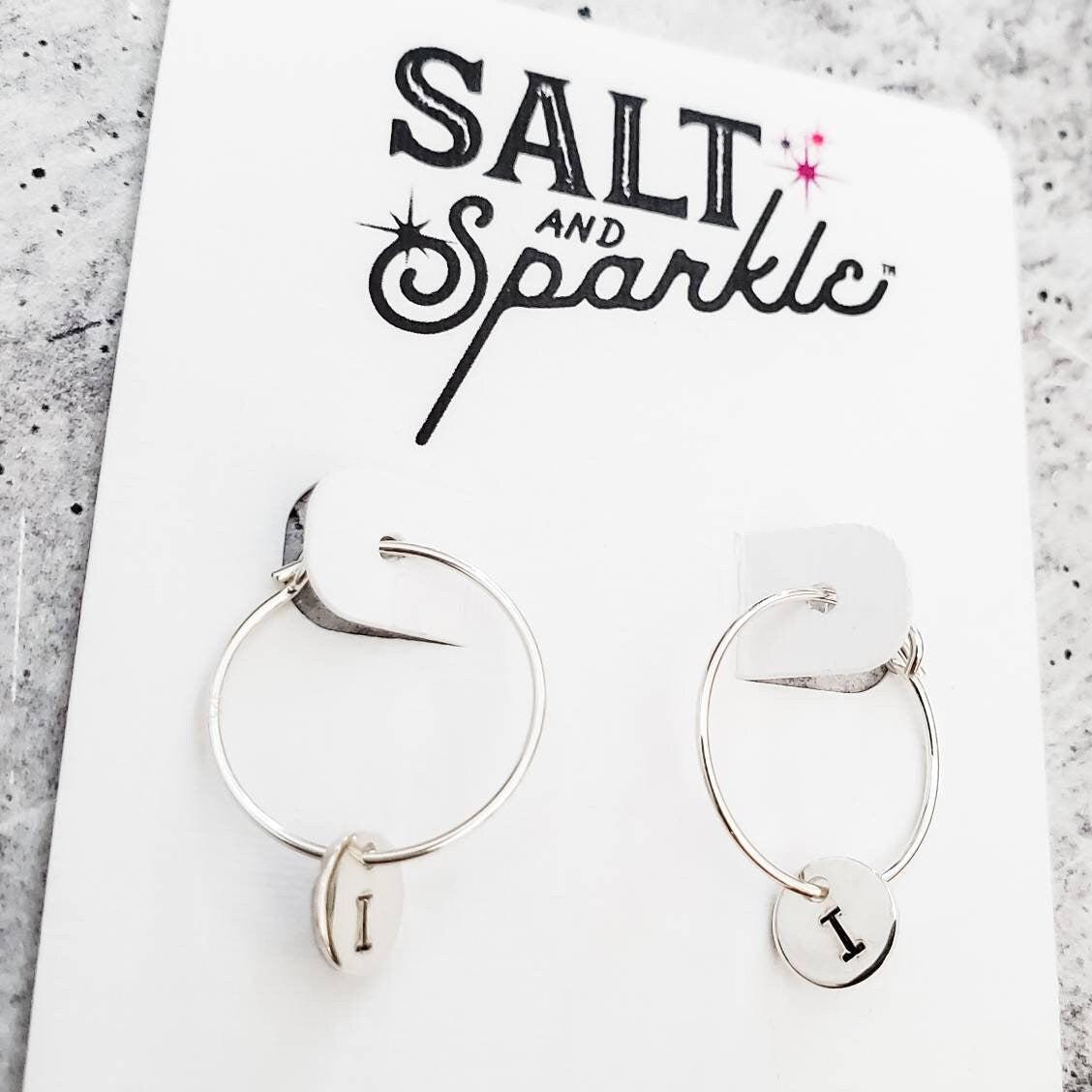 Tiny Initial Hoop Earrings Salt and Sparkle