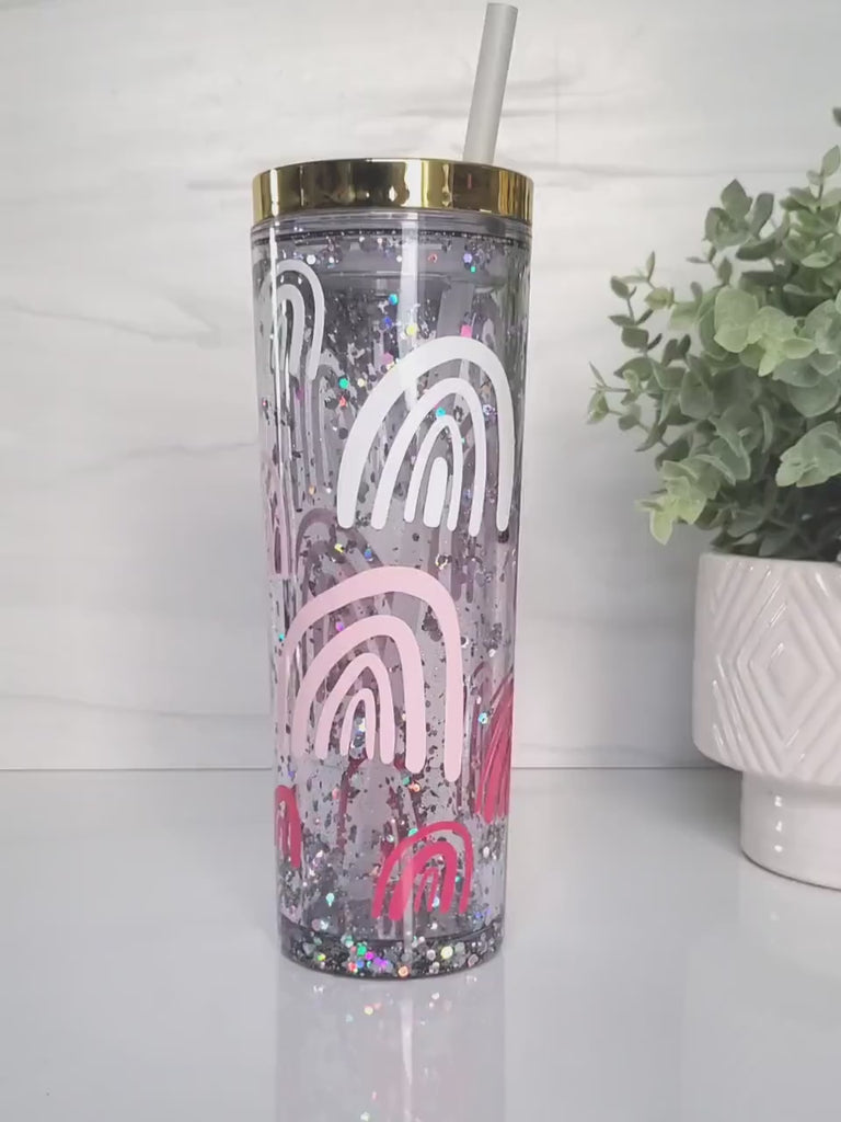 Rainbow Snowglobe Acrylic Skinny Tumbler - Boho Ombre Rainbow Plastic Iced Coffee Cup - Spring Gift for Teen - Mother's Day Drink Tumbler