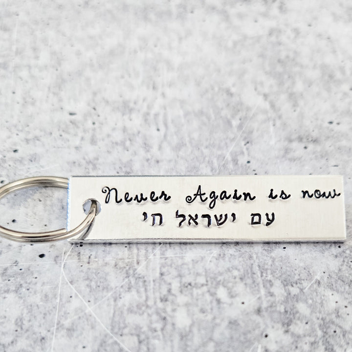 Never Again is Now Keychain | Jewish Pride Silver Aluminum Keychain | Am Yisrael Chai Key Ring | Stand with Israel Donation | Proud Zionist Salt and Sparkle