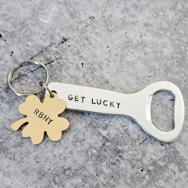 GET LUCKY Personalized St. Patrick's Day Beer Bottle Opener Keychain - St. Paddy's Day Gift for Husband Salt and Sparkle