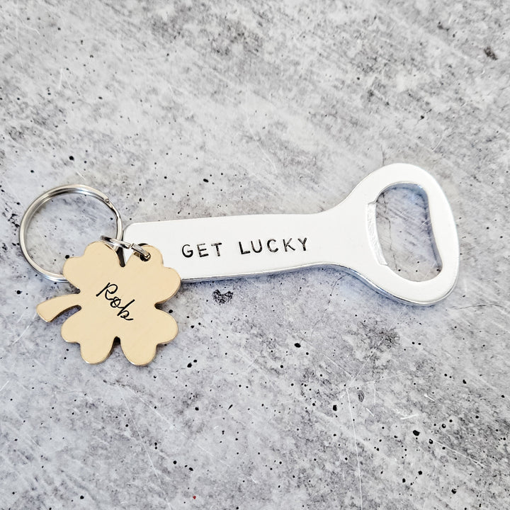 GET LUCKY Personalized St. Patrick's Day Beer Bottle Opener Keychain - St. Paddy's Day Gift for Husband Salt and Sparkle