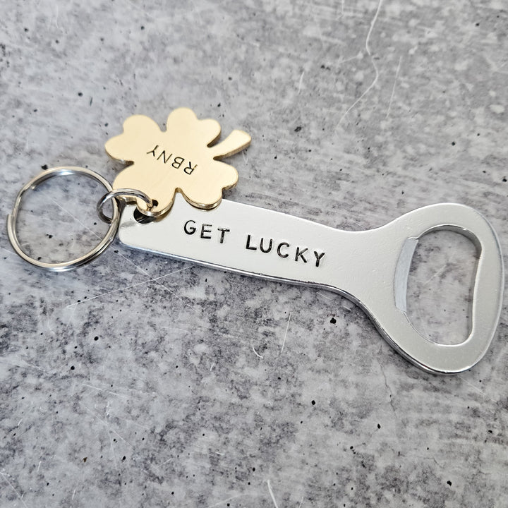 GET LUCKY Personalized St. Patrick's Day Beer Bottle Opener Keychain - St. Paddy's Day Gift for Husband Salt and Sparkle