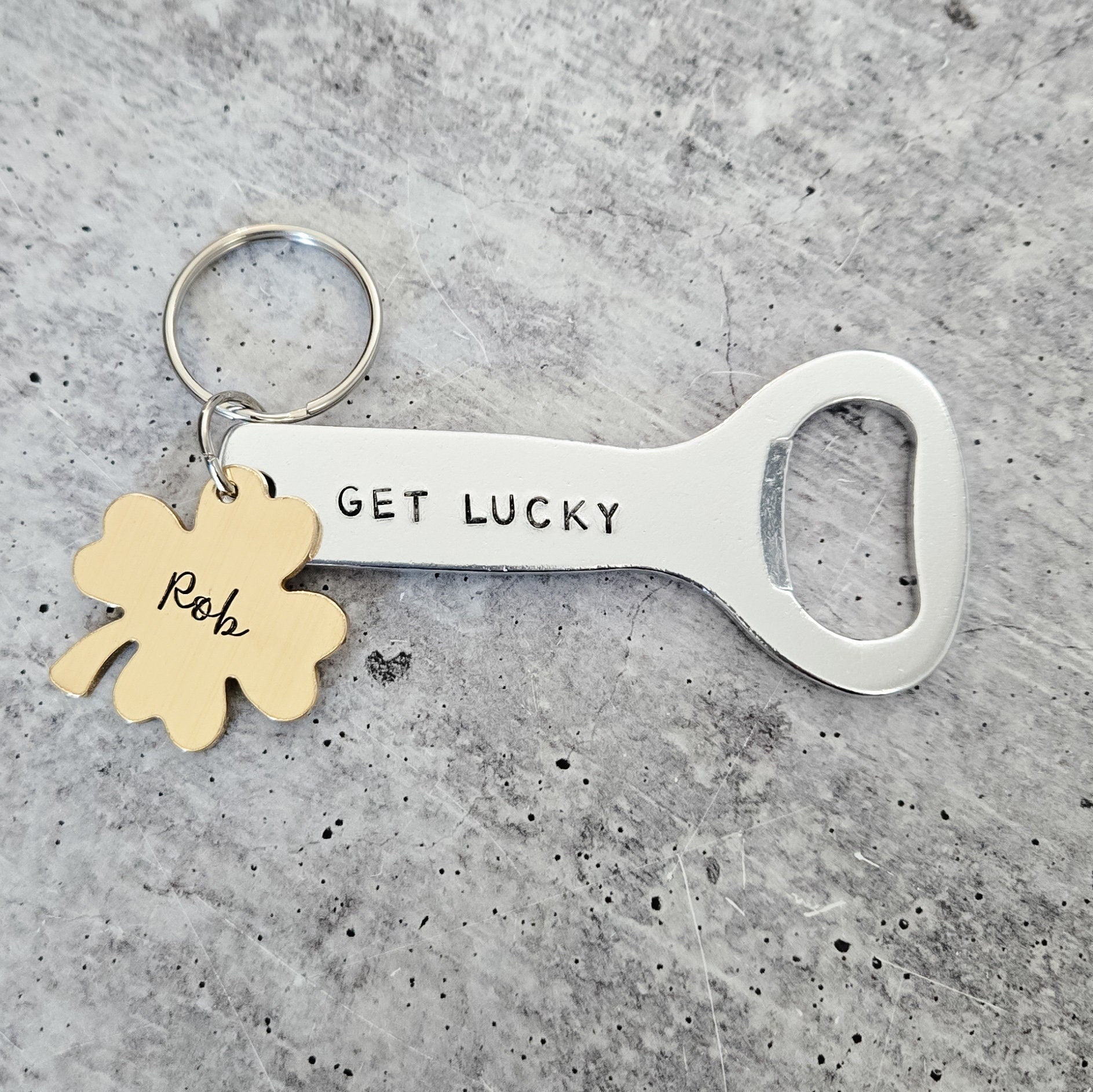 GET LUCKY Personalized St. Patrick's Day Beer Bottle Opener Keychain - St. Paddy's Day Gift for Husband Salt and Sparkle